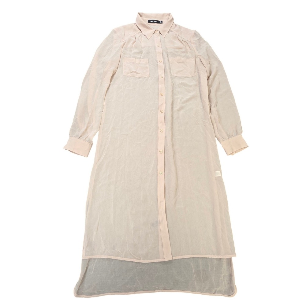 Trouve Sheer Button Down Maxi Shirt Dress Women's Size XS Beige Pink Long Sleeve